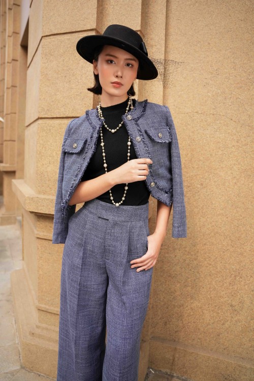 Sixdo Navy Long Sleeves Tweed Vest